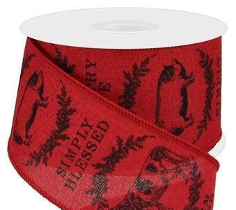 Wired Ribbon * Farmhouse Animals * Crimson and Black * Rooster, Pig and Cow * 2.5" x 10 Yards * RG01910H8 * Canvas