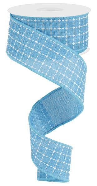 Wired Ribbon * Raised Stitched Squares * Turquoise and White * 1.5" x 10 Yards * Canvas * RG01677A2