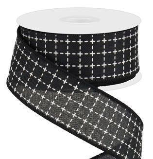 Wired Ribbon * Raised Stitched Squares * Black and White * 1.5" x 10 Yards * Canvas * RG0167702