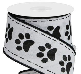 Wired Ribbon * Dog Paw Prints and Bones * Black and White * 2.5 x