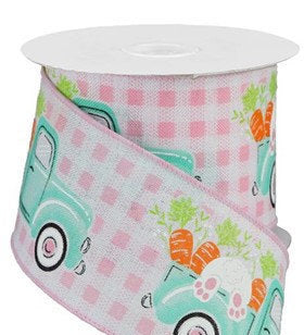 Easter Wired Ribbon * Truck With Bunny And Carrots on Pink Check