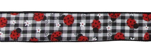 Wired Ribbon * Mini Ladybugs on Black and White Gingham * Canvas  * 2.5" x 10 Yards * RGA1626X6