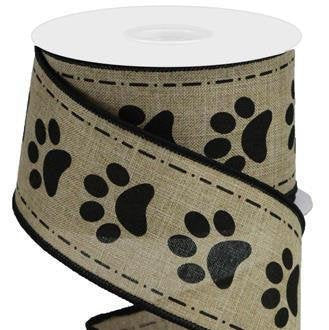 Wired Ribbon * Paw Prints on Canvas * Black and Beige * 2.5" x 10 Yards * RGA132201