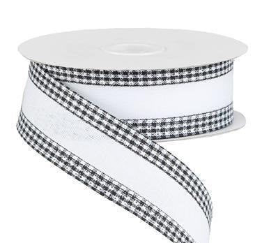 Wired Ribbon * Faux Burlap with Gingham Edge * White and Black Canvas * 1.5" x 10 Yards * RGA1098WK