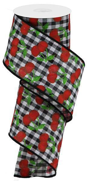 Wired Ribbon * Cherries on Gingham * Black, White, Red and Green Canvas * 2.5" x 10 Yards * RGA164702
