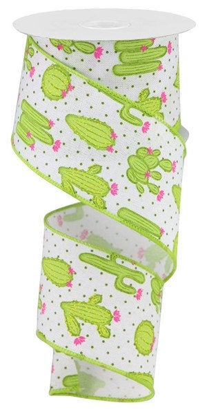 Wired Ribbon * Cactus * White, Green, Pink and Yellow Canvas * 2.5" x 10 Yards * RGA163827