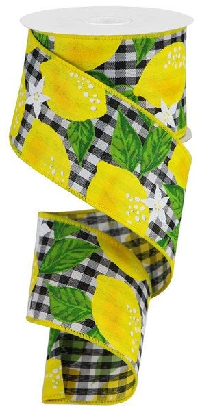 Wired Ribbon * Lemons on Gingham * Black, White and Yellow Canvas * 2.5" x 10 Yards * RGC1113J3