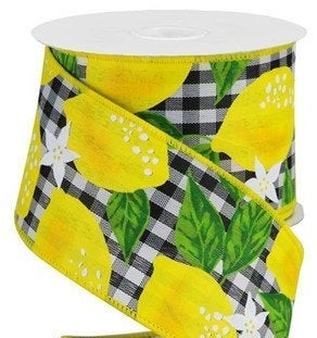 Wired Ribbon * Lemons on Gingham * Black, White and Yellow Canvas * 2.5" x 10 Yards * RGC1113J3