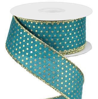 Wired Ribbon * Swiss Dots * Teal and Gold Canvas* 1.5" x 10 Yards * RG0190771