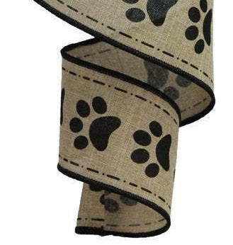 Wired Ribbon * Paw Prints on Canvas * Black and Beige * 2.5" x 10 Yards * RGA132201