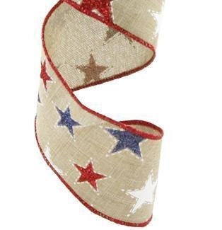 Patriotic Wired Ribbon * Dashed Glitter Stars * Beige, Red, White and Navy * 2.5" x 10 Yards * RG0165801 * Canvas