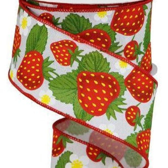Wired Ribbon * Strawberries * White, Red, Green and Yellow on Canvas * 2.5" x 10 Yards * RGA118427