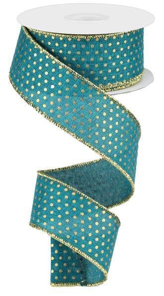 Wired Ribbon * Swiss Dots * Teal and Gold Canvas* 1.5" x 10 Yards * RG0190771