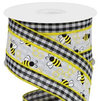 Wired Ribbon * Bumble Bees * Lt. Beige, White, Yellow and Black Canvas *  2.5 x 10 Yards * RGC179801
