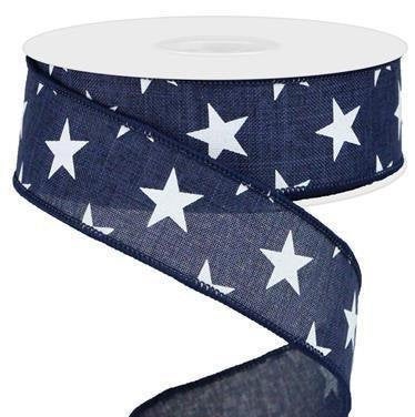 Wired Ribbon * Stars * Navy and White Canvas * 1.5"  x 10 Yards * RGA111519