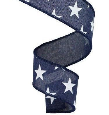 Wired Ribbon * Stars * Navy and White Canvas * 1.5"  x 10 Yards * RGA111519