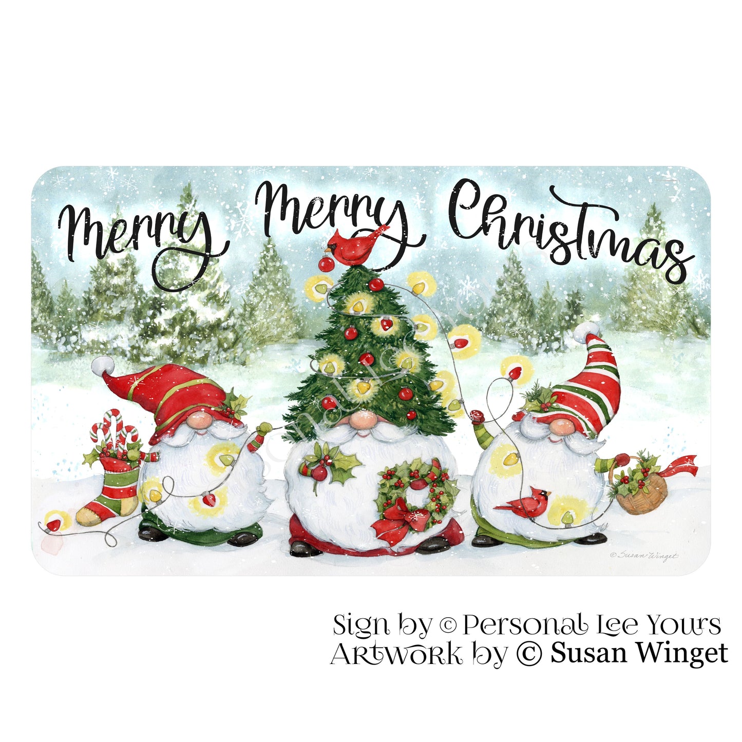 Susan Winget Exclusive Sign * Merry Christmas Gnomes * Tree * Horizontal * 4 Sizes * Lightweight Metal