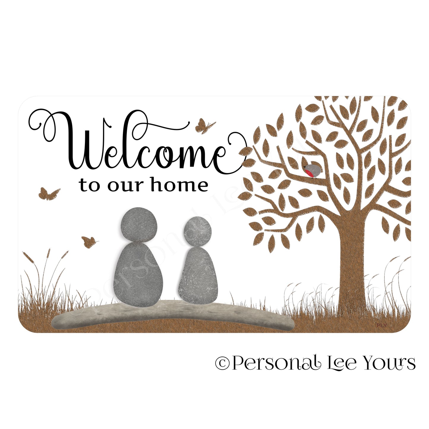 Welcome To Our Home Wreath Sign * Pebble Family of 2 * Horizontal * 3 Sizes * Lightweight Metal
