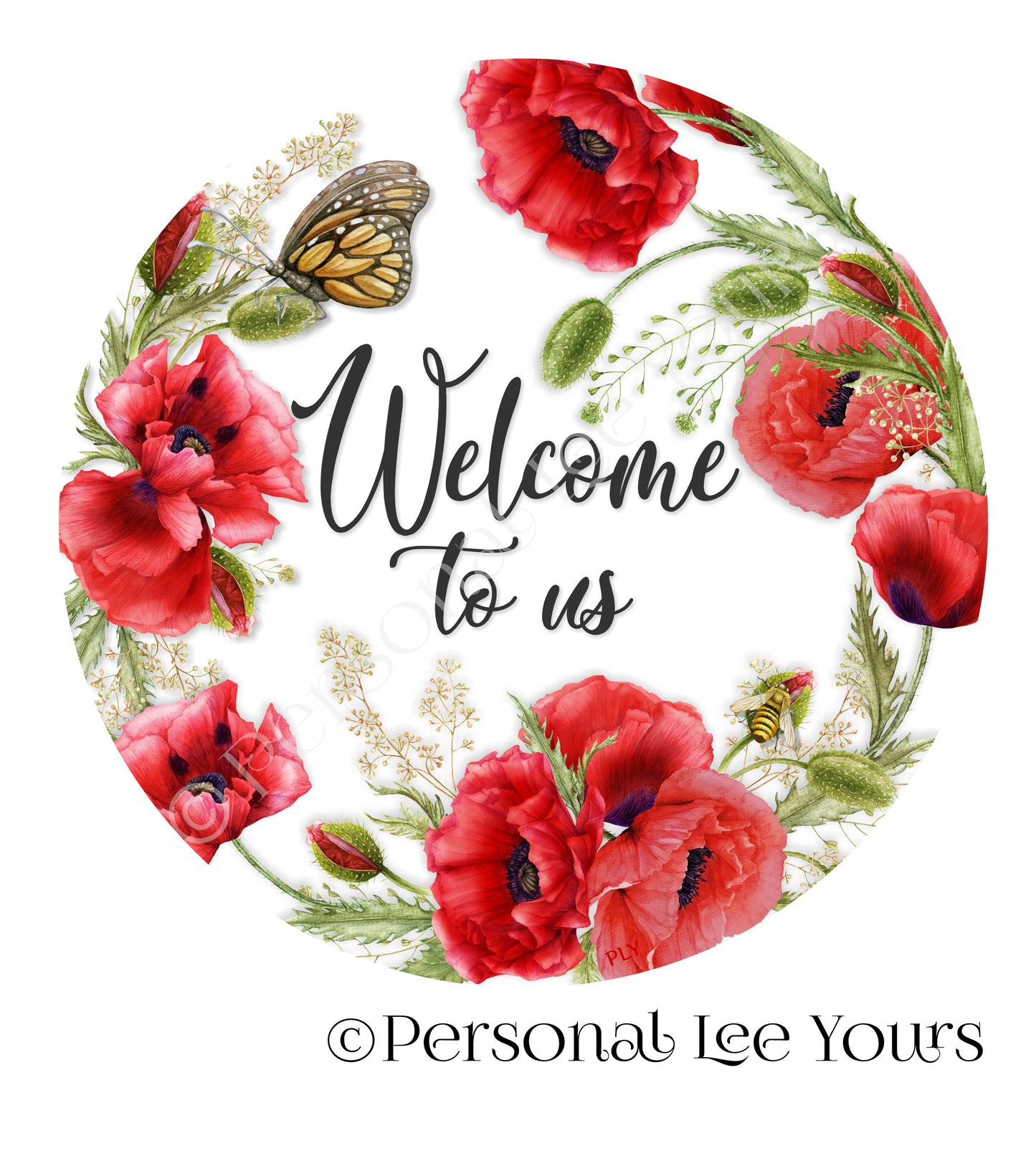 Metal Wreath Sign * Poppy Welcome * Round * Lightweight