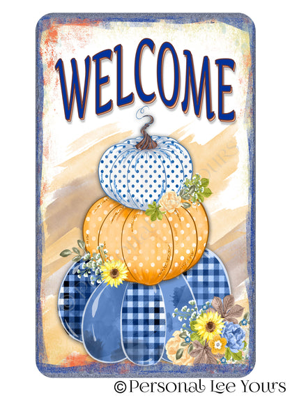 Fall Wreath Sign * Stacked Pumpkins in Blue * 3 Sizes * Lightweight Metal