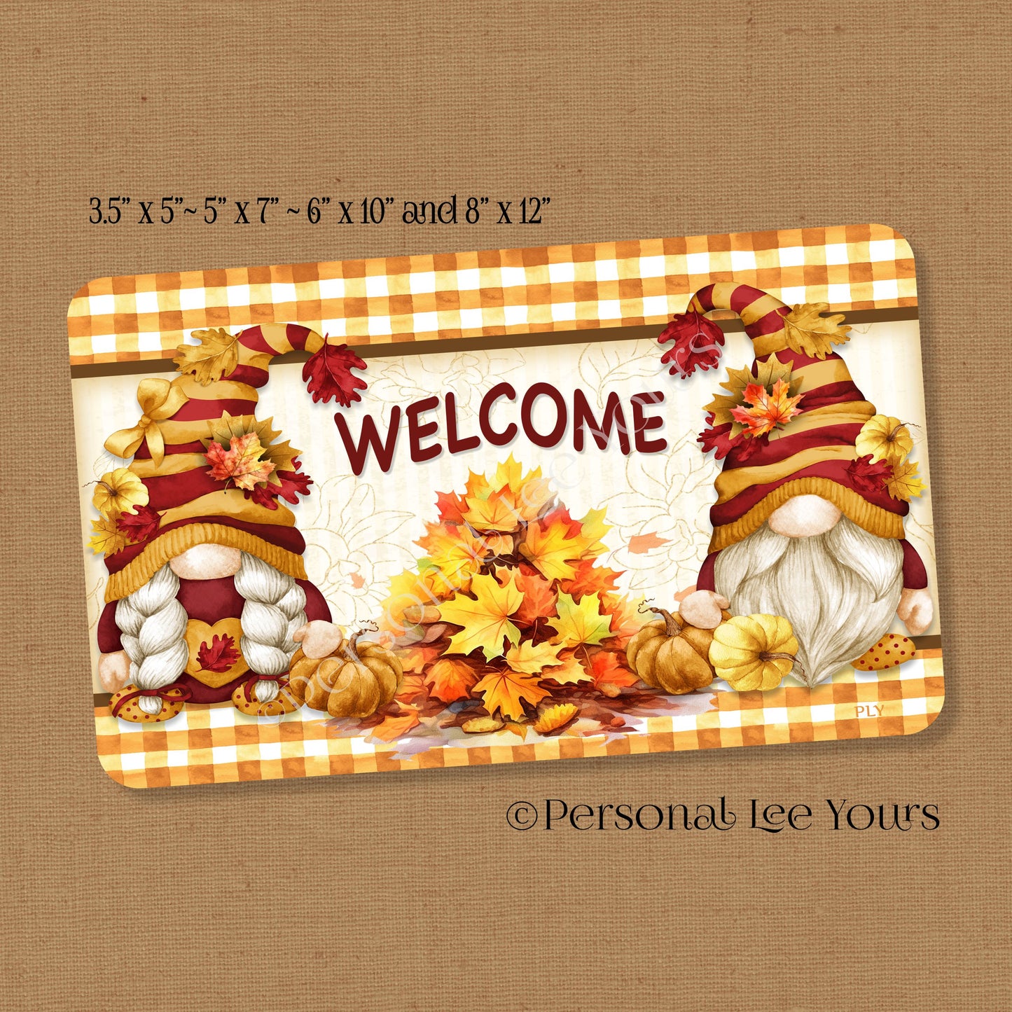 Wreath Sign * Welcome Fall Gnome * Horizontal * 4 Sizes * Lightweight Metal