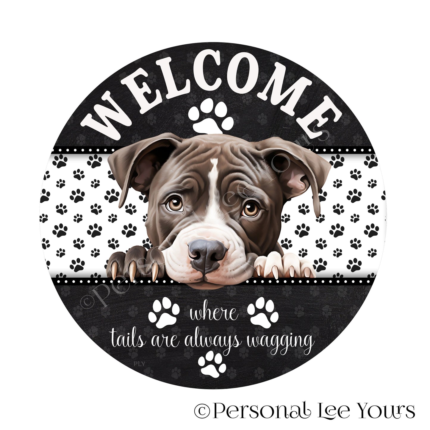 Peeking Pups Wreath Sign * American Pit Bull *  Round * Lightweight Metal