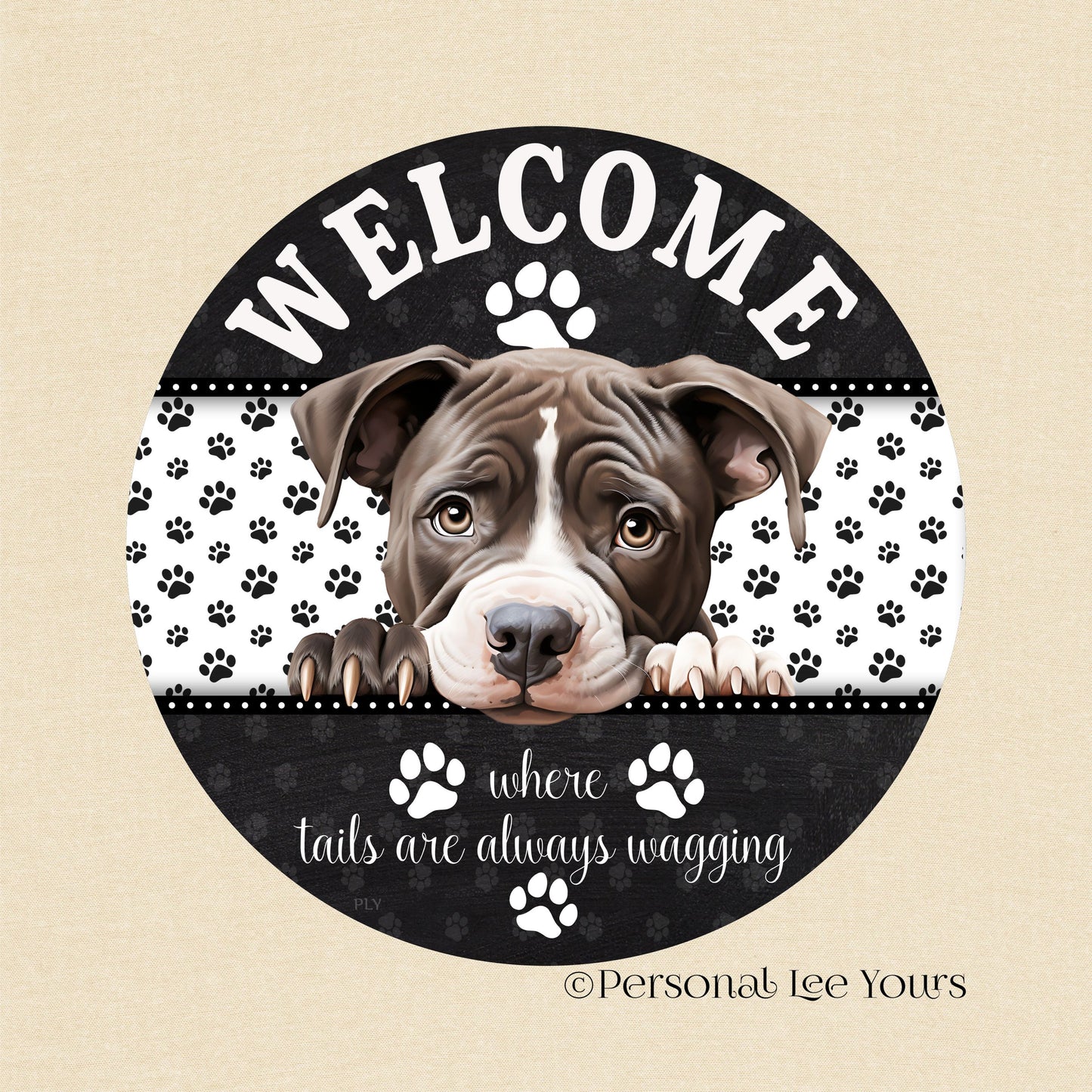 Peeking Pups Wreath Sign * American Pit Bull *  Round * Lightweight Metal