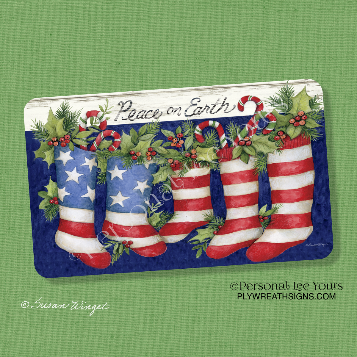 Susan Winget Exclusive Sign * American Christmas Stockings * 3 Sizes * Horizontal * Lightweight Metal
