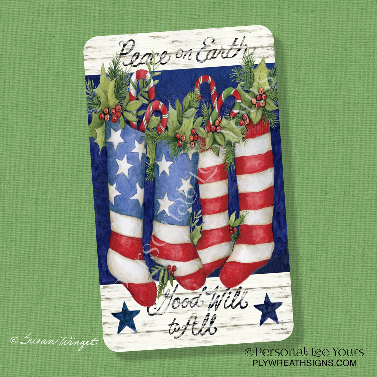 Susan Winget Exclusive Sign * American Christmas Stockings * 3 Sizes * Vertical * Lightweight Metal