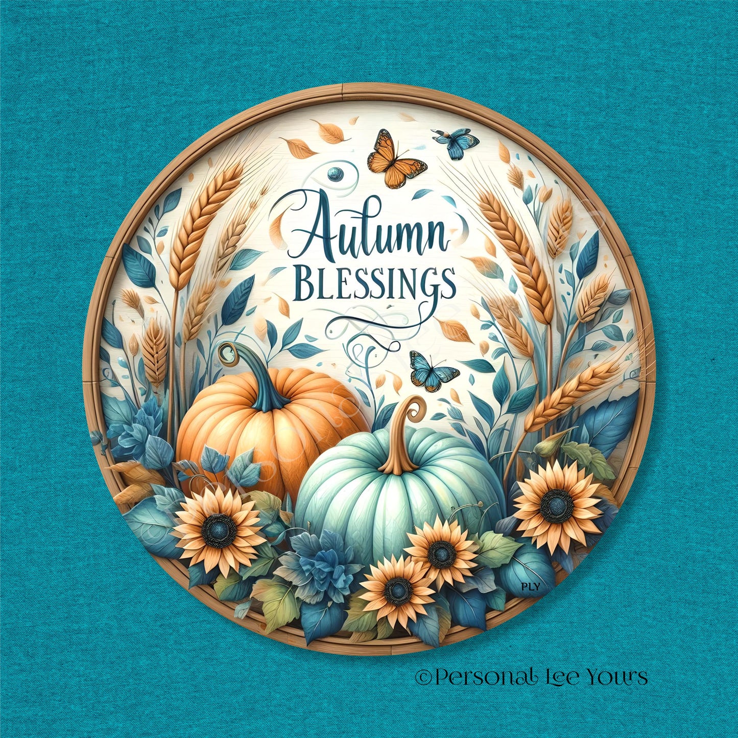 Wreath Sign * Autumn Blessings in Turquoise * Round * Lightweight Metal