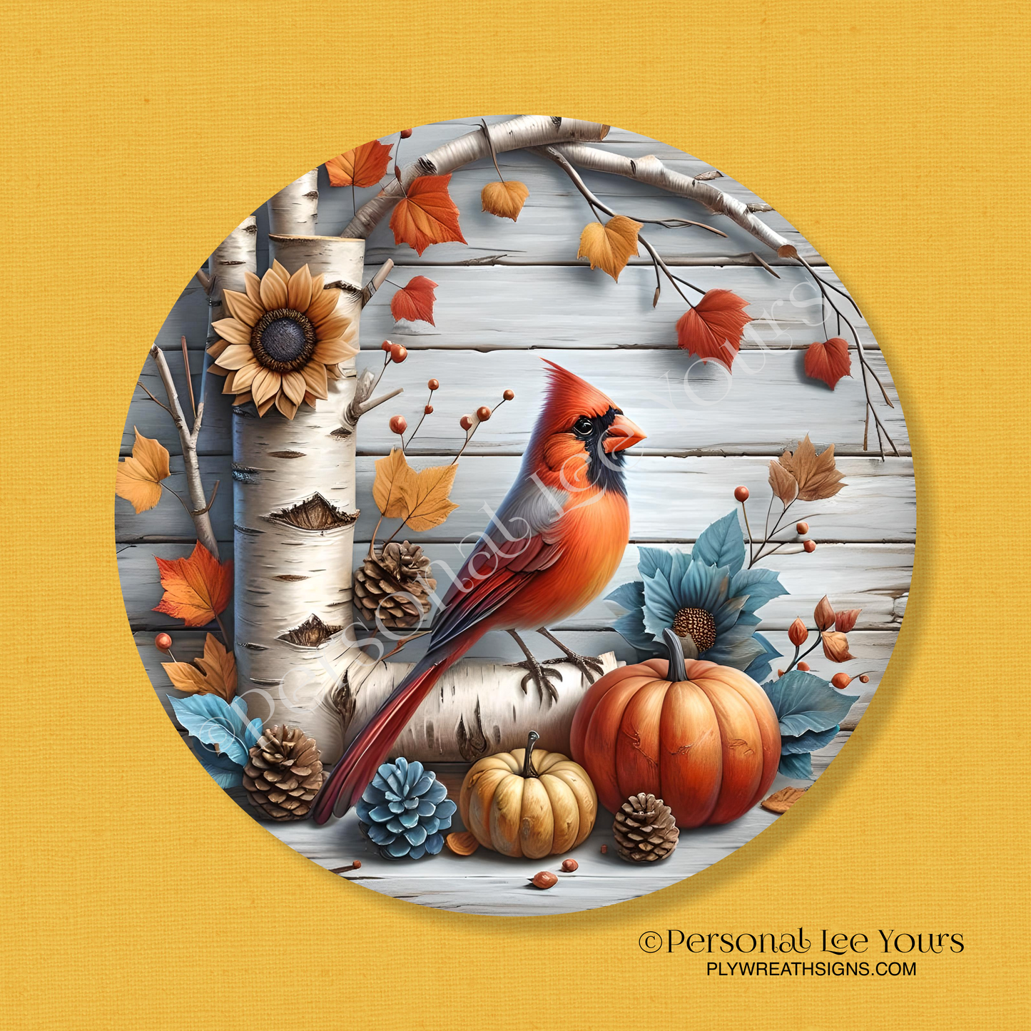 Wreath Sign * Autumn Cardinal, Simply Beautiful * Round * Lightweight Metal