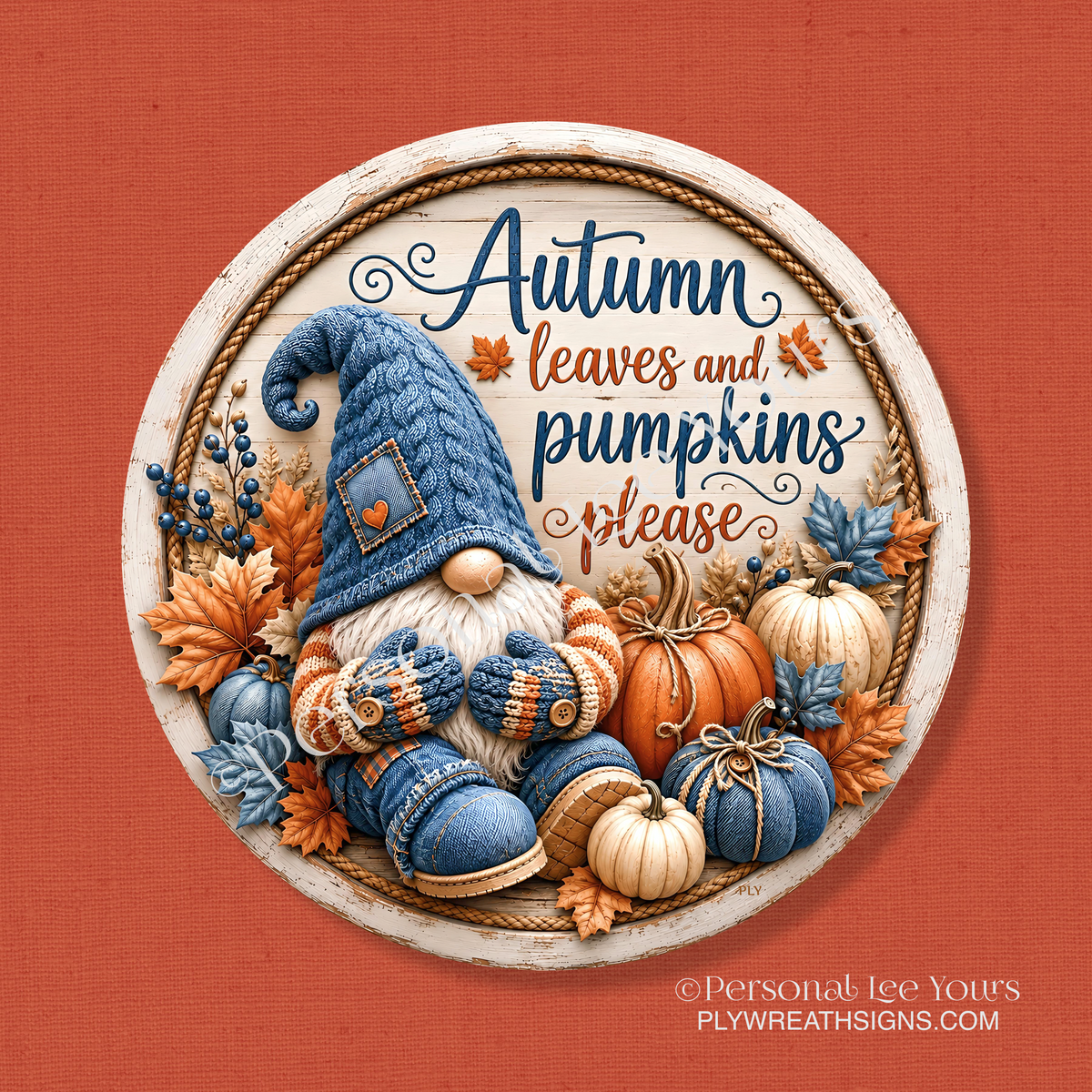 Wreath Sign * Autumn Leaves Gnome * Round * Lightweight Metal