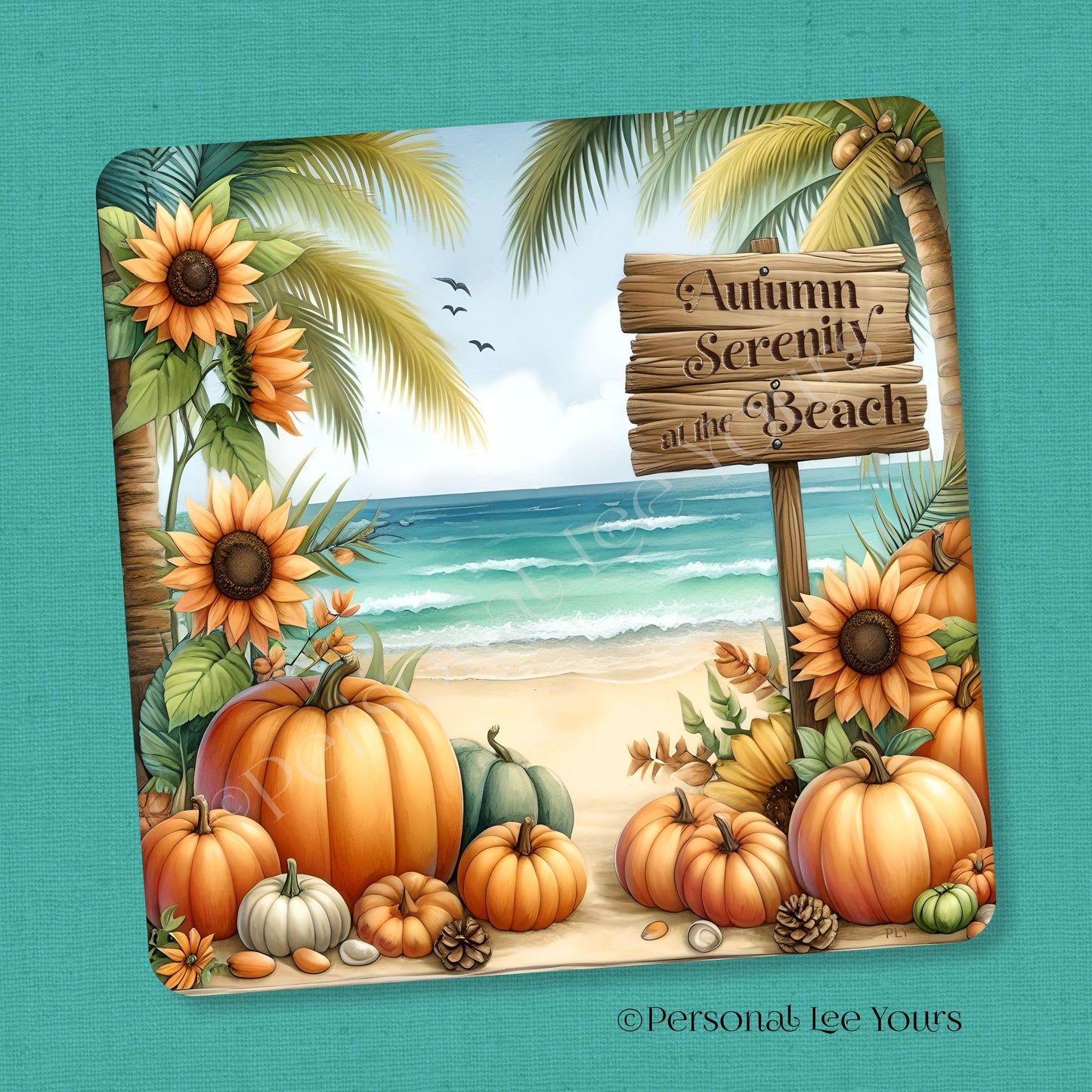 Wreath Sign * Autumn Serenity At The Beach * Square * 3 Sizes * Lightweight Metal