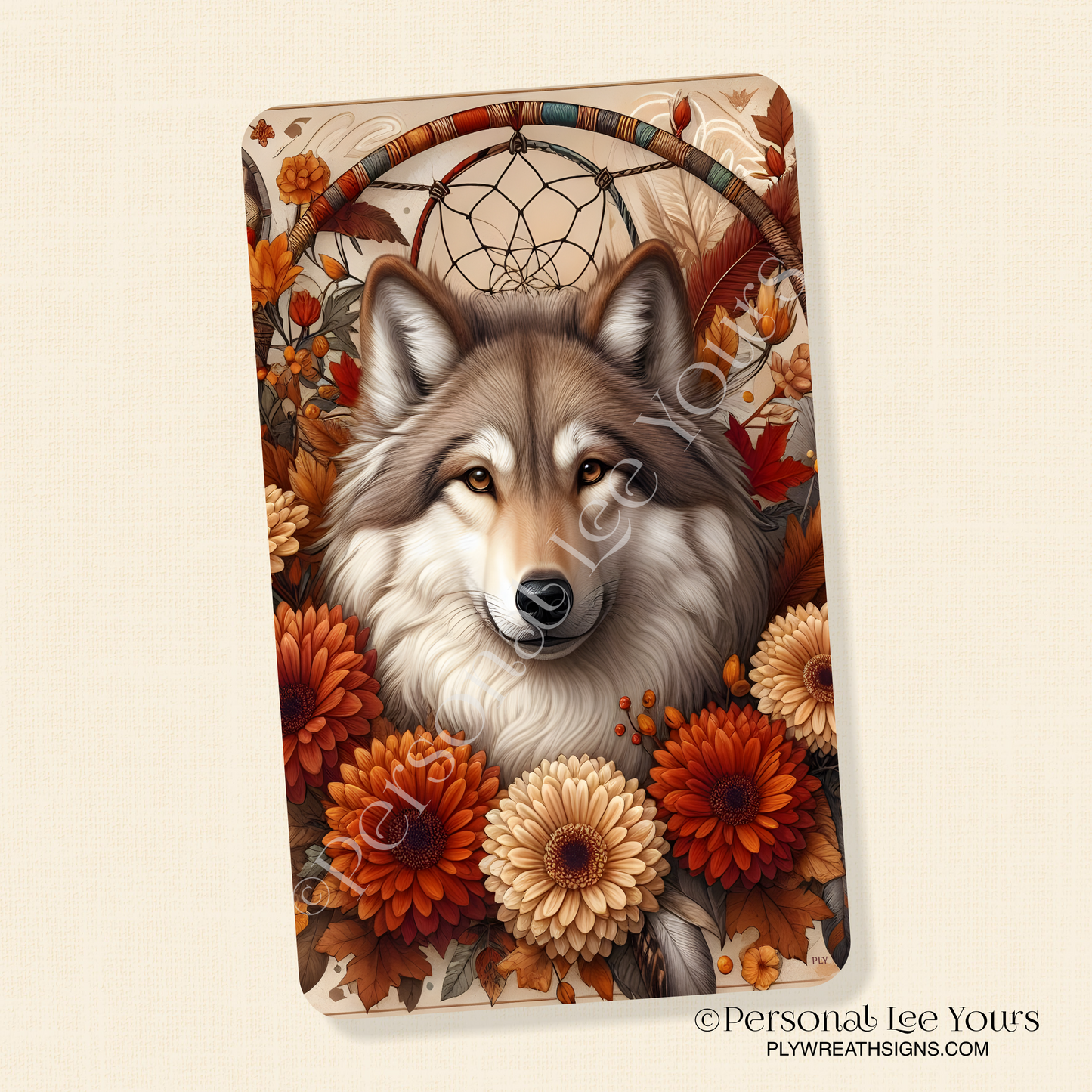 Wreath Sign * Autumn Wolf * Vertical* 3 Sizes * Lightweight Metal