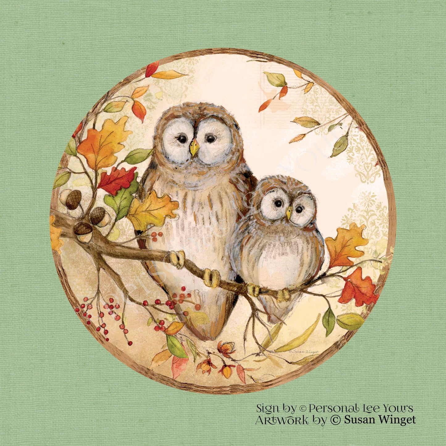 Susan Winget Exclusive Sign * Autumn Owls * Round * Lightweight Metal