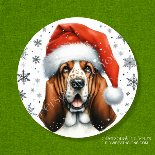 Holiday Wreath Sign * Basset Hound Christmas * Round * Lightweight Metal