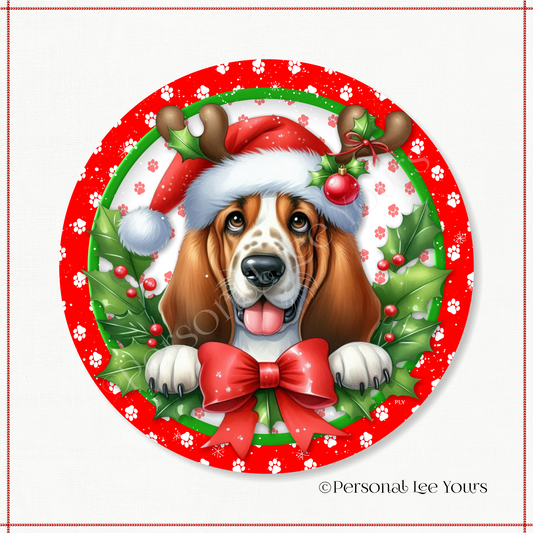 Holiday Wreath Sign * Christmas, Basset Hound * Round * Lightweight Metal