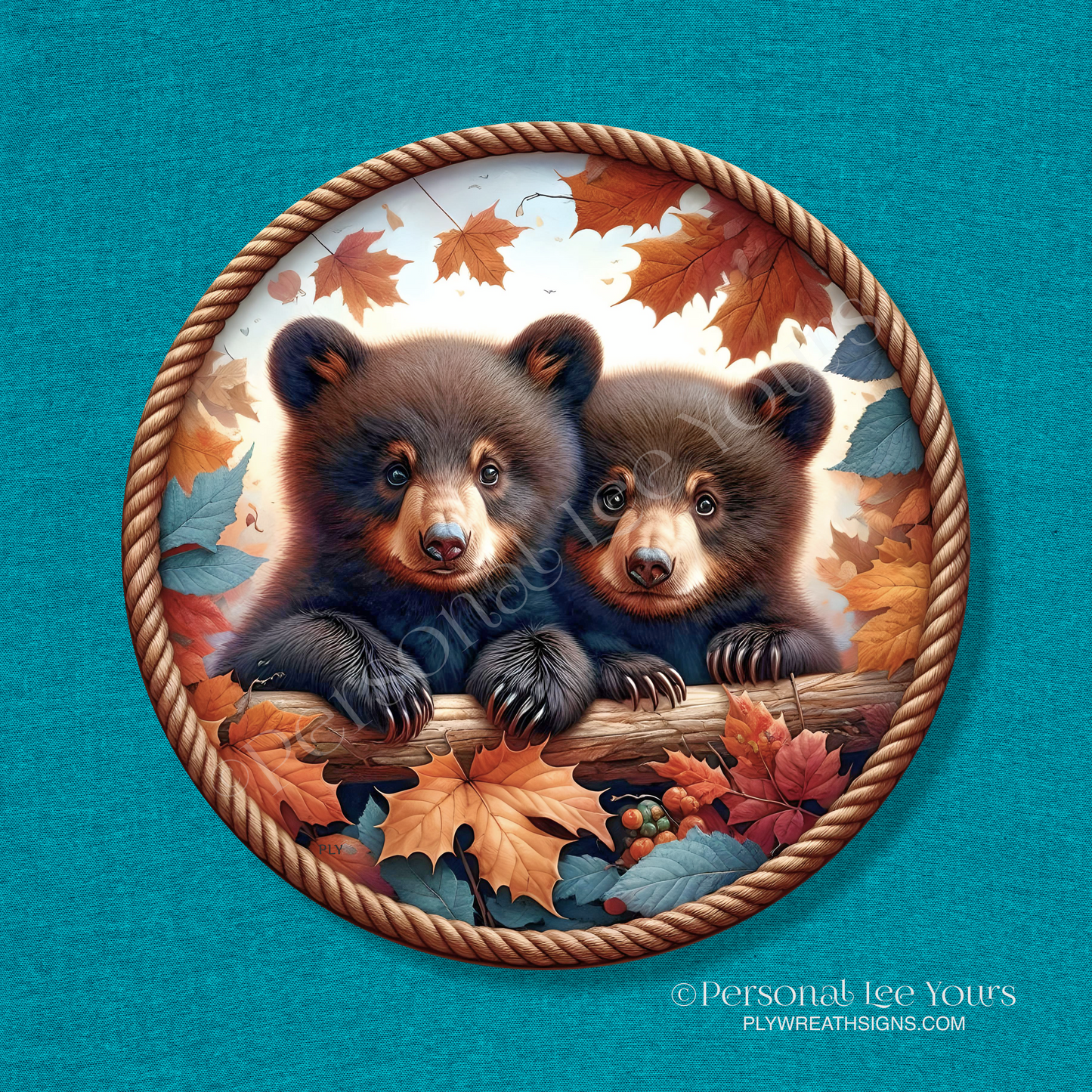 Wreath Sign *  Bear Cubs In Fall * Round * Lightweight Metal