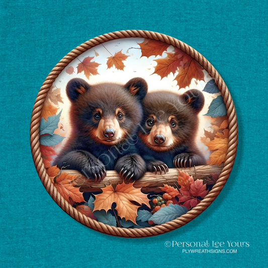 Wreath Sign *  Bear Cubs In Fall * Round * Lightweight Metal