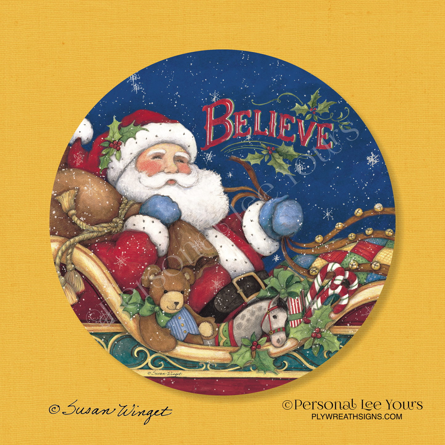 Susan Winget Exclusive Sign * Believe, Santa In Sleigh * Round * Lightweight Metal