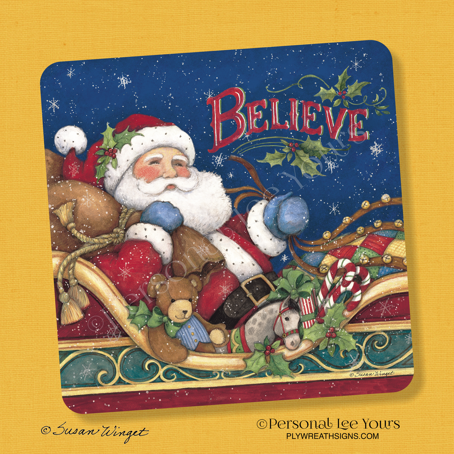 Susan Winget Exclusive Sign * Christmas * Believe, Santa In Sleigh * 3 Sizes * Lightweight Metal