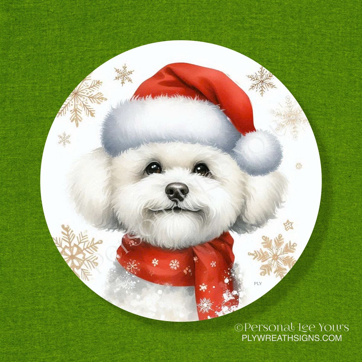 Holiday Wreath Sign * Bichon Frise Christmas * Round * Lightweight Metal