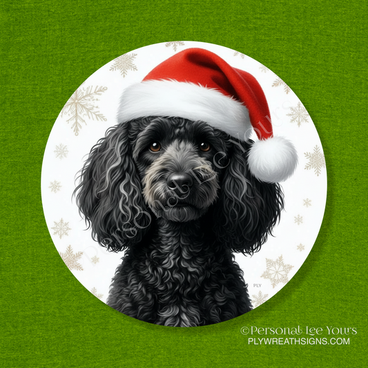 Holiday Wreath Sign * Black Goldendoodle Christmas * Round * Lightweight Metal
