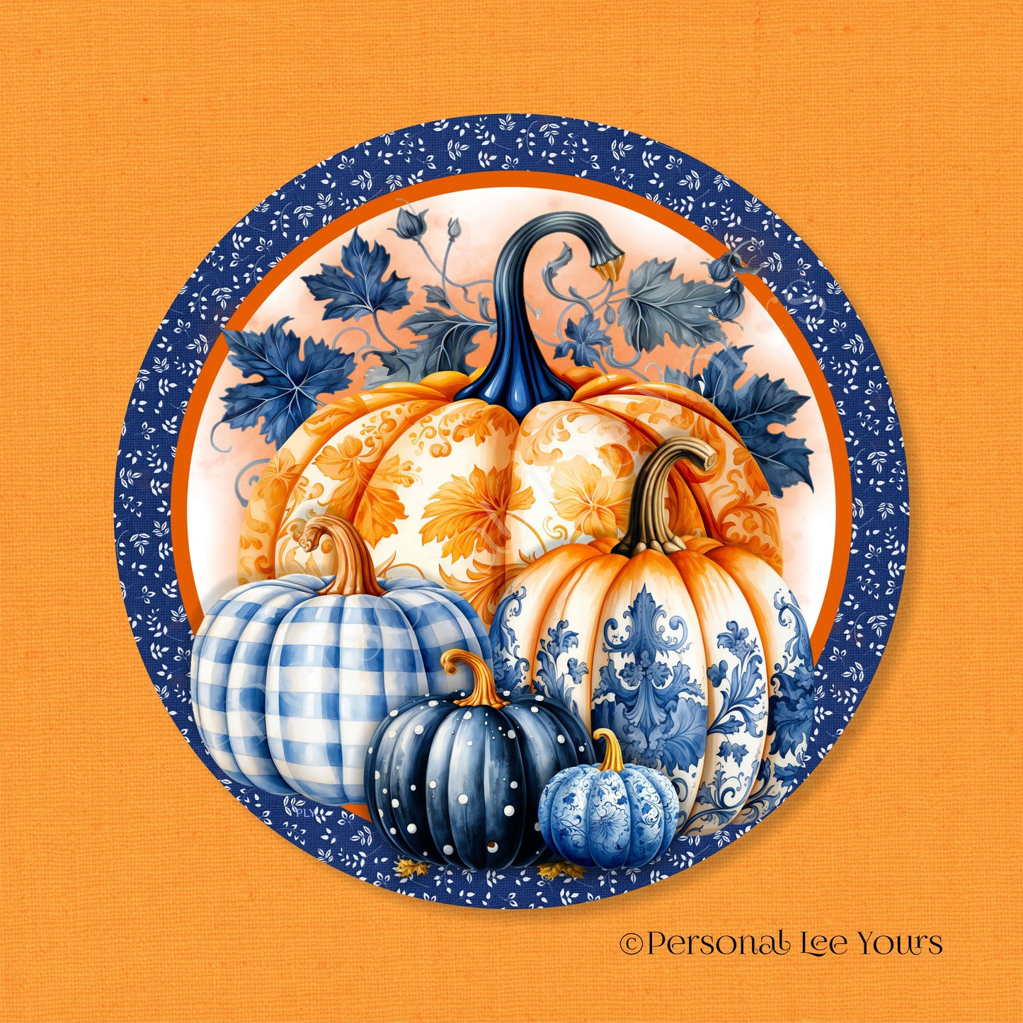 Wreath Sign * Blue Pumpkin Fall * Round * Lightweight Metal