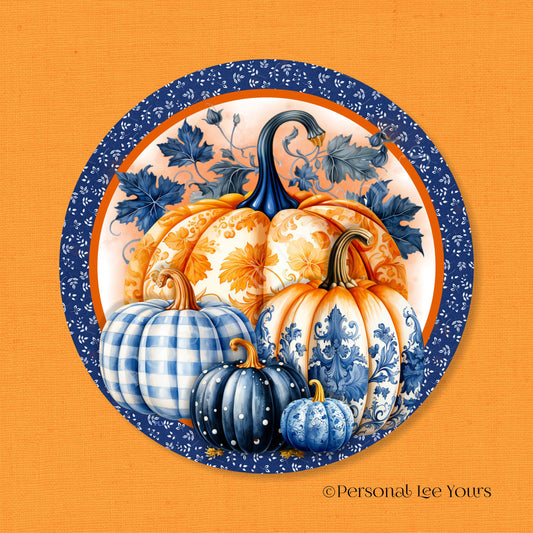 Wreath Sign * Blue Pumpkin Fall * Round * Lightweight Metal