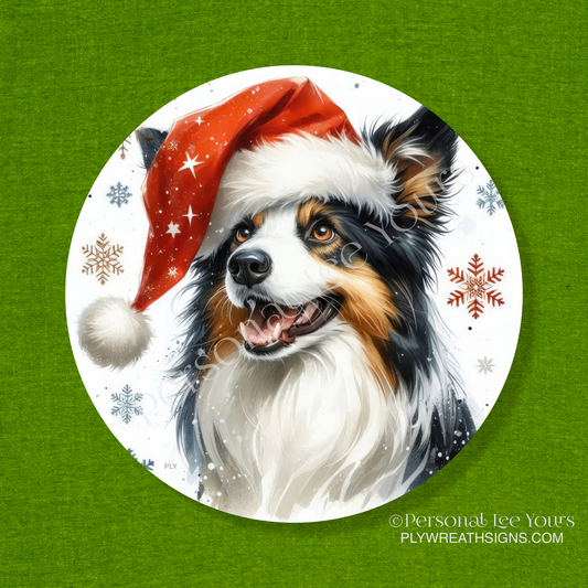 Holiday Wreath Sign * Border Collie Christmas * Round * Lightweight Metal
