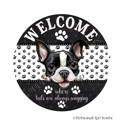 Peeking Pups Wreath Sign * Boston Terrier 2 *  Round * Lightweight Metal