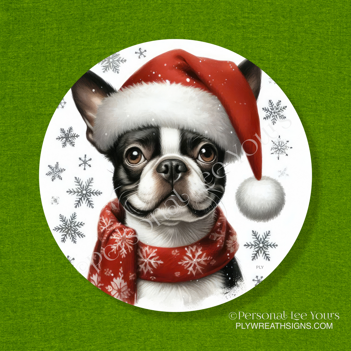 Holiday Wreath Sign * Boston Terrier Christmas * Round * Lightweight Metal