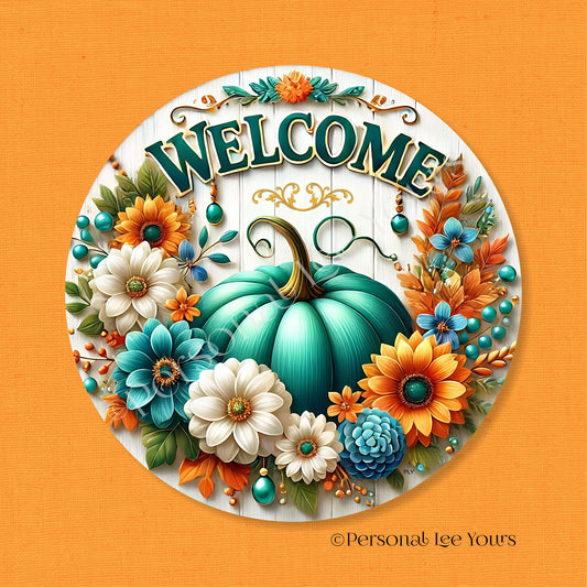 Autumn Wreath Sign * Bright Pumpkin Welcome * Round * Lightweight Metal