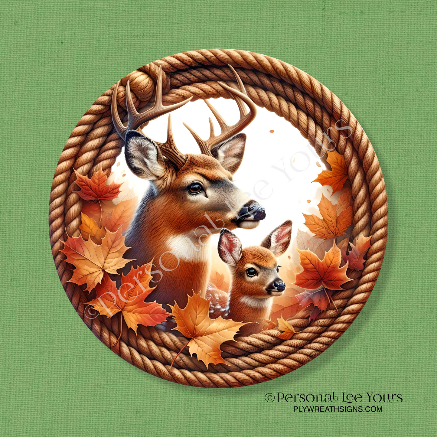 Wreath Sign *  Buck and Fawn, Fall * Round * Lightweight Metal